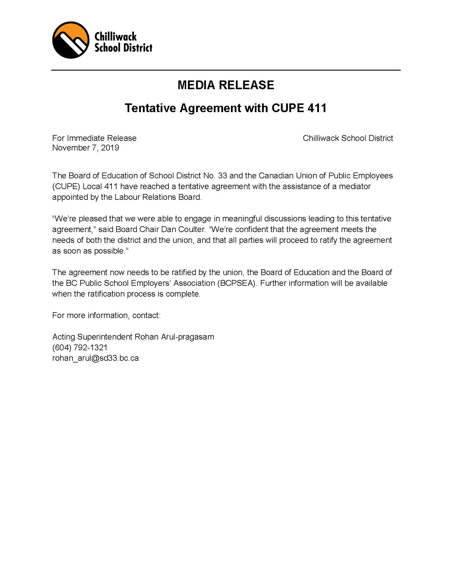 Media Release: Tentative Agreement with CUPE 411