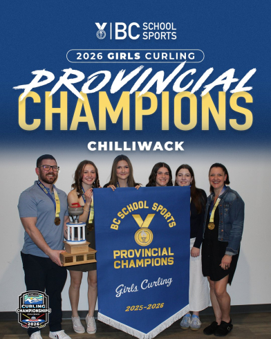 The Girls Curling team poses with their BC Provincial Champions banner. 