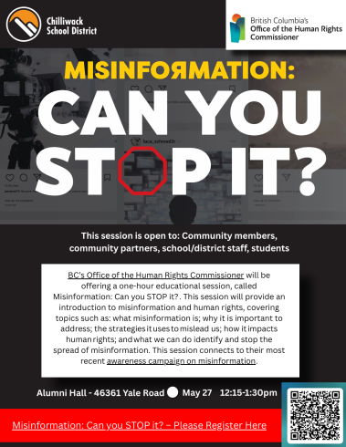 A poster that repeats information shared in this story. The headline is Misinformation: Can You Stop It? 
