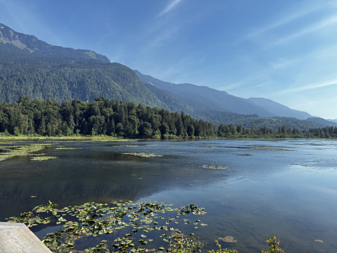 A view of mountains and a lake. 
