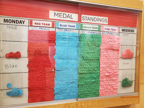 A red, blue, green and yellow displays shows the medal count for a school's Fact Fluency Olympics. 