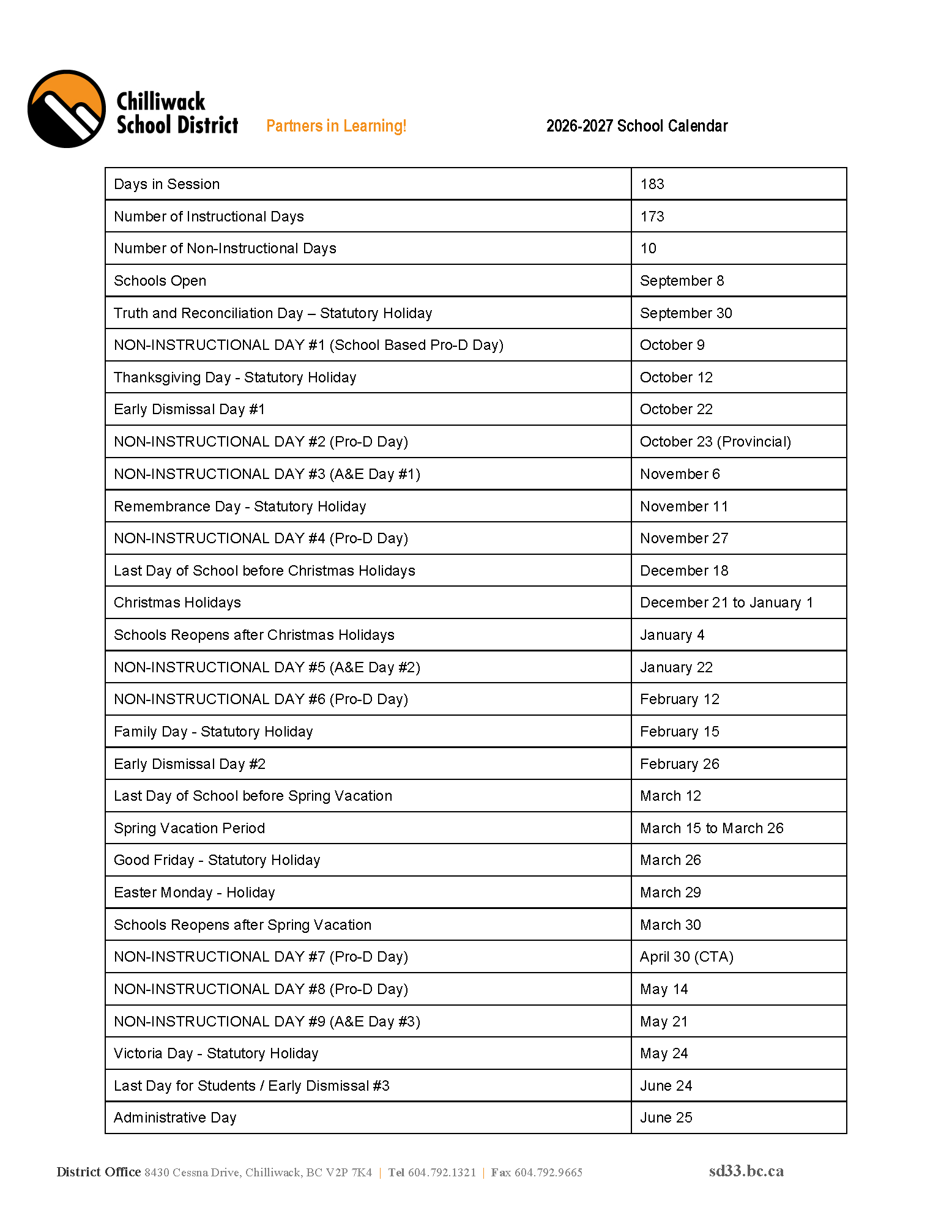 2026-2027 Linear School Calendar