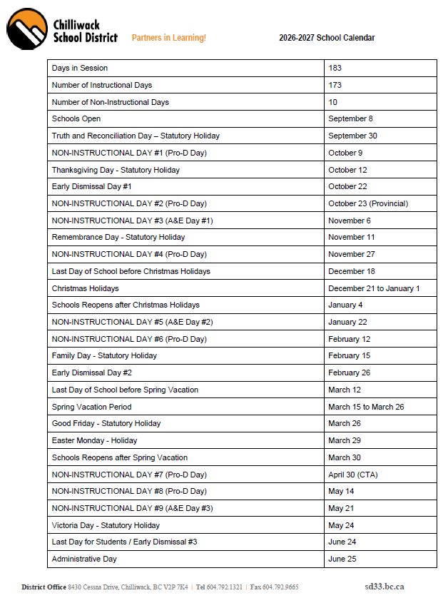 Local School Calendar Linear 2026 - 2027