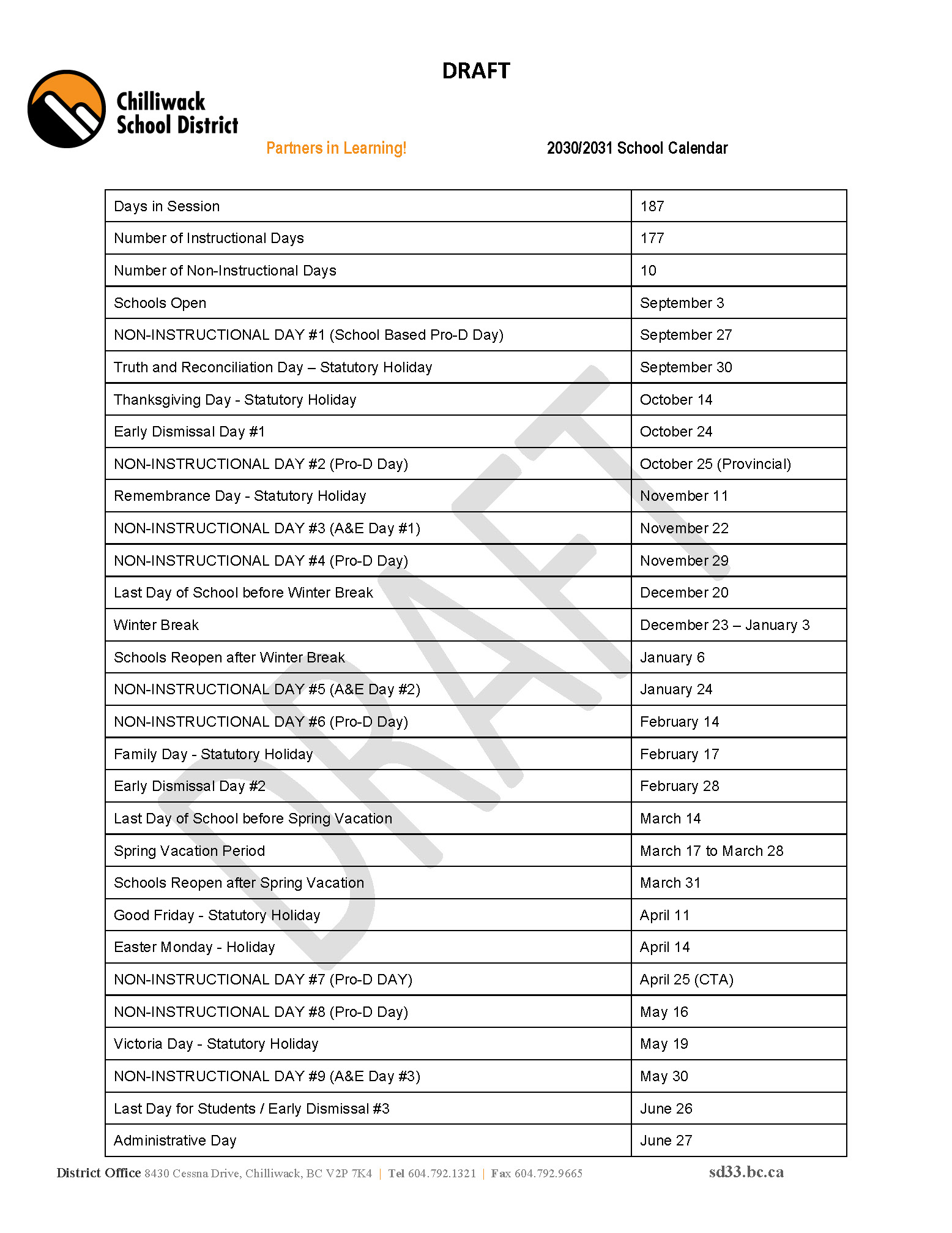 2030/2031 Draft Linear School Calendar