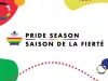 White background image with colourful pop art shapes around the edges. A maple leaf with the rainbow colours of the Progress Pride Flag, which are black, brown, light blue, light pink, white, red, orange, yellow, green, blue, and violet, and the words Pride Season Saison de la Fierté appear in the middle. The Canada wordmark is in the bottom right corner.
